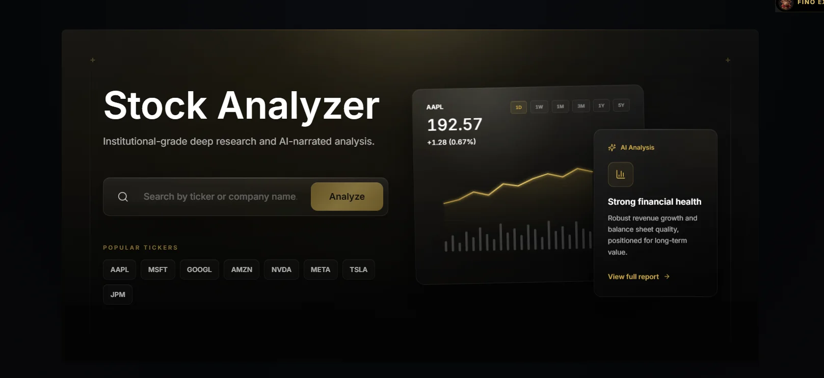 Finotaur Stock Analyzer showing an AAPL quote, chart and AI analysis card